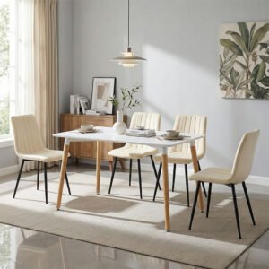 Τραπεζαρία Natali-Noor House Genius σετ 5τεμ MDF λευκό-μπεζ ύφασμα 120x80x76εκ