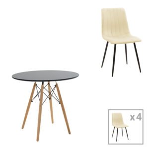 Τραπεζαρία Julita-Noor House Genius σετ 5τεμ MDF μαύρο-μπεζ ύφασμα Φ80x73εκ