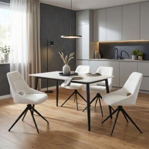 Τραπεζαρία Gustas-Luciano I House Genius σετ 5τεμ λευκό μαρμάρου-κρεμ υφασμα 120x80x76εκ