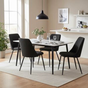 Τραπεζαρία Gustas-Giselle House Genius σετ 5τμχ λευκό μαρμάρου-μπουκλέ μαύρο 120x80x76εκ