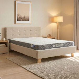 Κρεβάτι με στρώμα Mago-Dreamer House Genius ύφασμα εκρού - ξύλινο πόδι σε φυσική απόχρωση 160x200εκ