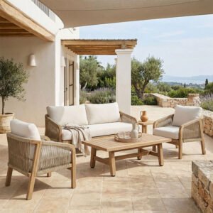 Σετ σαλονιού 4τμχ Malibu I House Genius μασίφ ξύλο ακακίας-μπεζ ύφασμα