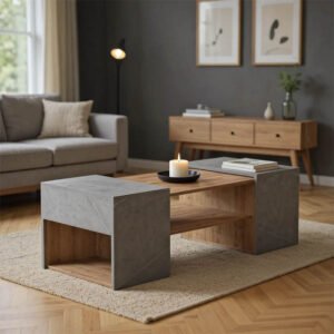 Τραπέζι σαλονιού Morfi House Genius πολυμορφικό 3τεμ σε oak-μπεζ μαρμάρου απόχρωση 105x45x37εκ