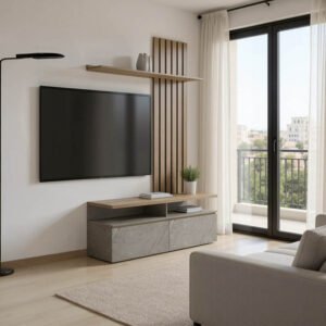 Σύνθετο σαλονιού Perlento House Genius σε μπεζ μαρμάρου με sonoma απόχρωση 140x41x219.5εκ