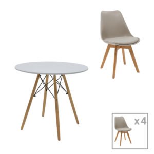 Τραπεζαρία Julita-Gaston σετ 5τεμ House Genius MDF και ξύλο οξιάς σε γκρι-λευκή-φυσική απόχρωση Φ80x73εκ