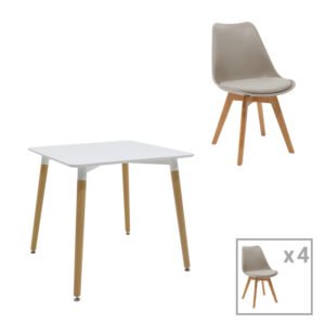 Τραπεζαρία Natali-Gaston σετ 5τεμ House Genius MDF και ξύλο οξιάς σε γκρι-λευκή-φυσική απόχρωση 80x80x76εκ