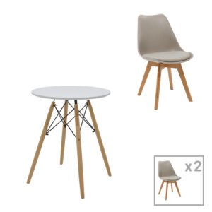 Τραπεζαρία Julita-Gaston σετ 3τεμ House Genius MDF και ξύλο οξιάς σε γκρι-λευκή-φυσική απόχρωση Φ60x73εκ