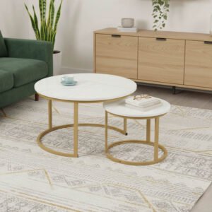 Τραπέζια σαλονιού Solme I House Genius 2τεμ σε λευκή μαρμάρου απόχρωση με χρυσά μεταλλικά πόδια