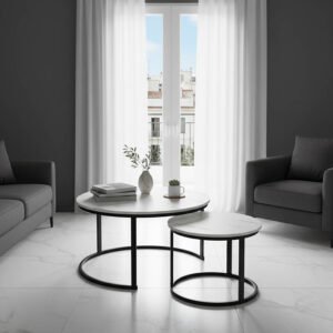 Τραπέζια σαλονιού Solme I House Genius 2τεμ σε λευκή μαρμάρου απόχρωση με μαύρα μεταλλικά πόδια