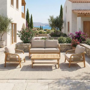 Σαλόνι εξωτερικού χώρου Malibu II House Genius ξύλο ακακίας με σχοινί σε φυσική απόχρωση και μπεζ μαξιλάρια