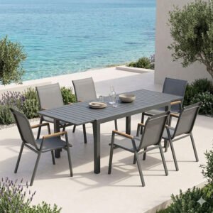Τραπεζαρία Azelie-Lafla House Genius σετ 7τεμ ανθρακί ύφασμα-ανθρακί αλουμίνιο 160-240x90x75εκ