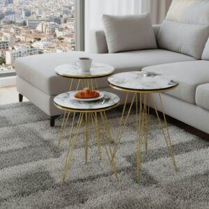 Βοηθητικά τραπέζια Wakmi House Genius σετ 3τεμ λευκό μπεζ μαρμάρου μελαμίνης-χρυσό μέταλλο