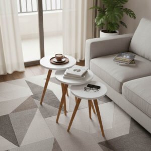 Βοηθητικά τραπέζια Perjene House Genius σετ 3τεμ μελαμίνη σε λευκή απόχρωση και ξύλινα πόδια