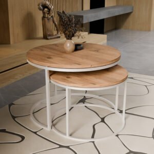 Τραπέζια σαλονιού Solme House Genius σετ 2τεμ λευκό μέταλλο και μελαμίνη σε φυσική απόχρωση