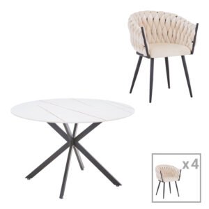 Τραπεζαρία Vivian-Stoyen House Genius 5τεμ μπεζ βελούδο - λευκό μαρμάρου Φ120x75εκ