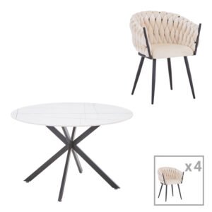 Τραπεζαρία Vivian-Stoyen House Genius 5τεμ μπεζ βελούδο - λευκό με μαύρο μαρμάρου Φ120x75εκ