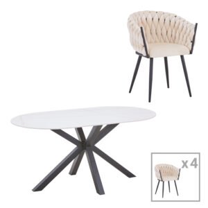 Τραπεζαρία Vivian-Makrey House Genius 5τεμ μπεζ βελούδο - λευκό μαρμάρου 160x90x75εκ