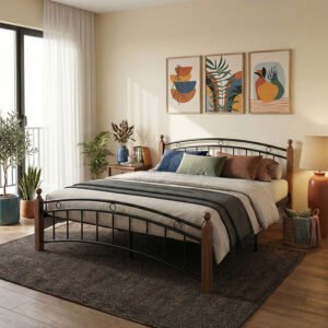 Κρεβάτι Clarive House Genius ξύλο σε καρυδί απόχρωση-μαύρο μέταλλο 160x200εκ