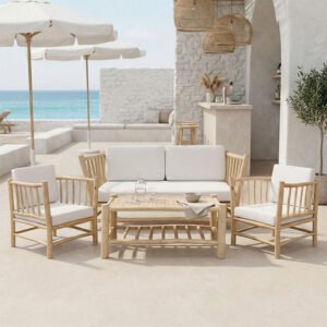 Σαλόνι Mayorka House Genius σετ 4 τεμαχίων φυσικό teak ξύλο-λευκό μαξιλάρι