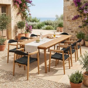 Τραπεζαρία 9 τεμ. Ganny-Pino House Genius teak ξύλο σε φυσική - μαυρη απόχρωση 180/240x100x75εκ