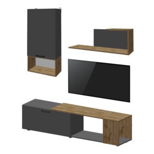 Σύνθετο σαλονιού Poelfy House Genius σε ανθρακί-oak απόχρωση 170x37.5x42εκ