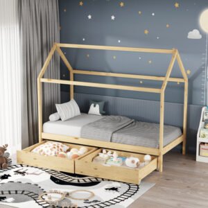 Παιδικό κρεβάτι Mellin τ. Montessori με 2 συρτάρια House Genius ξύλο πεύκου σε φυσική απόχρωση 90x190εκ