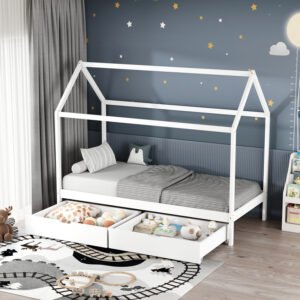 Παιδικό κρεβάτι Mellin τ. Montessori με 2 συρτάρια House Genius ξύλο πεύκου σε λευκή απόχρωση 90x190εκ