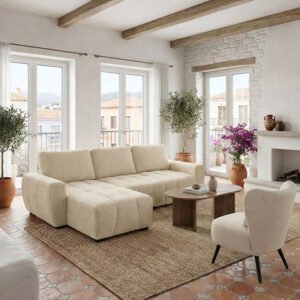 Γωνιακός αναστρέψιμος καναπές-κρεβάτι Vivad House Genius ύφασμα σε μπεζ απόχρωση 275x164x91εκ