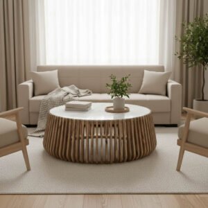 Τραπέζι σαλονιού Mable House Genius μάνγκο ξύλο σε φυσική απόχρωση με επιφάνεια μαρμάρου Φ120x45εκ