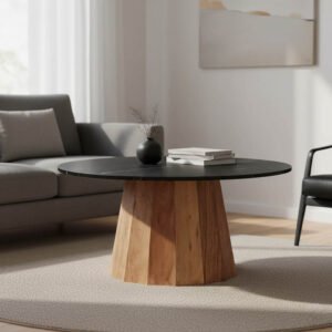 Τραπέζι σαλονιού Ezerdian House Genius μασίφ ξύλο ακακίας σε φυσική απόχρωση με επιφάνεια μαύρου ματ μαρμάρου Φ90x45εκ