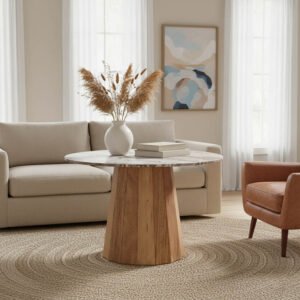 Τραπέζι Ezerdian House Genius μασίφ ξύλο ακακίας σε φυσική απόχρωση με επιφάνεια ματ μαρμάρου Φ150x76εκ