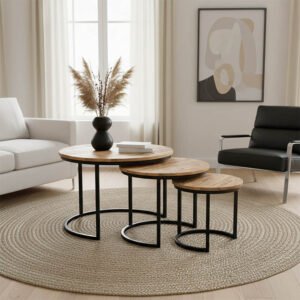 Τραπέζι σαλονιού Frina House Genius σετ 3τεμ μασίφ mango ξύλο σε φυσική απόχρωση με πόδι μαύρο μέταλλο