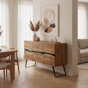 Μπουφές Imena House Genius μασίφ ξύλο Acacia σε φυσική απόχρωση με μαύρα μεταλλικά πόδια 148x43.5x86εκ