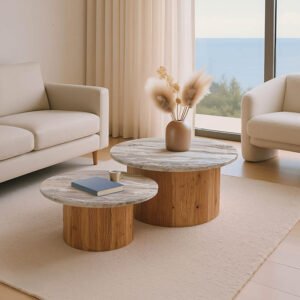 Τραπέζι σαλονιού Sergy House Genius σετ 2 τμχ μασίφ ξύλο ακακίας σε φυσική απόχρωση με επιφάνεια μαρμάρου