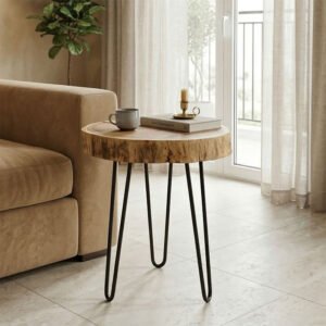 Βοηθητικό τραπέζι Tripp Ι House Genius μασίφ ξύλο ακακίας σε φυσική απόχρωση-μαύρα μεταλλικά πόδια Φ41x45εκ