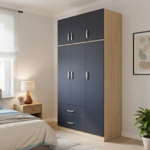 Ντουλάπα τρίφυλλη με 2 συρτάρια και πατάρι Athos House Genius σε oak-ανθρακί απόχρωση 90x42x240εκ