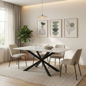 Τραπέζι Mattias House Genius sintered stone λευκη όψη μαρμάρου με μαύρα μεταλλικά πόδια 180x90x75εκ
