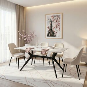 Τραπέζι Ezali House Genius mdf λευκή όψη μαρμάρου με μαύρα μεταλλικά πόδια 140x80x75εκ