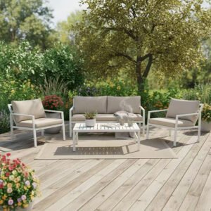 Σαλόνι Gardenly House Genius σετ 4τμχ αλουμίνιο σε λευκή απόχρωση με μπεζ μαξιλάρια