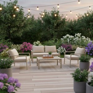 Σαλόνι Gardenly House Genius σετ 4τμχ αλουμίνιο σε απόχρωση cappuccino με μπεζ μαξιλάρια