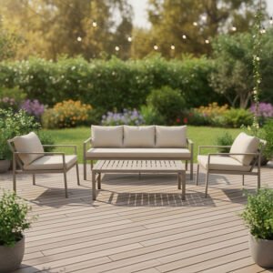 Σαλόνι Gardenly Ι House Genius σετ 4τμχ αλουμίνιο σε απόχρωση cappuccino με γκρι-μπεζ μαξιλάρια