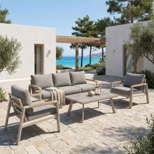 Σαλόνι κήπου Aeria House Genius 4τεμ αλουμίνιο σε μπεζ απόχρωση - teak - ύφασμα γκρι