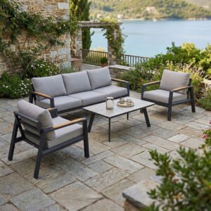 Σαλόνι κήπου Aeria House Genius 4τεμ αλουμίνιο σε ανθρακί απόχρωση - teak - ύφασμα γκρι