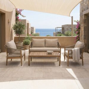 Σαλόνι εξωτερικού χώρου Lemanda House Genius μασίφ ξύλο ακακίας με σχοινί και μπεζ μαξιλάρια