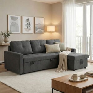Γωνιακός αναστρέψιμος καναπές κρεβάτι Napora House Genius με αποθηκευτικό χώρο ανθρακί ύφασμα 214x83/138x90εκ