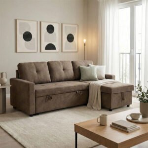 Γωνιακός αναστρέψιμος καναπές κρεβάτι Napora House Genius με αποθηκευτικό χώρο γκρι-μπεζ ύφασμα 214x83/138x90εκ
