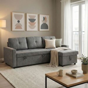 Γωνιακός αναστρέψιμος καναπές κρεβάτι Napora House Genius με αποθηκευτικό χώρο γκρι ύφασμα 214x83/138x90εκ