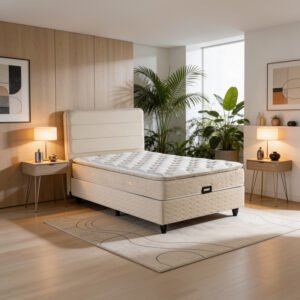 Κρεβάτι ημίδιπλο Linteda House Genius με αποθηκευτικό χώρο κρεμ βελούδο 120x200εκ